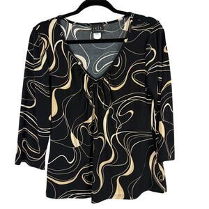 JKLA California Black and Cream Swirl Flowy V-Neck Top Large